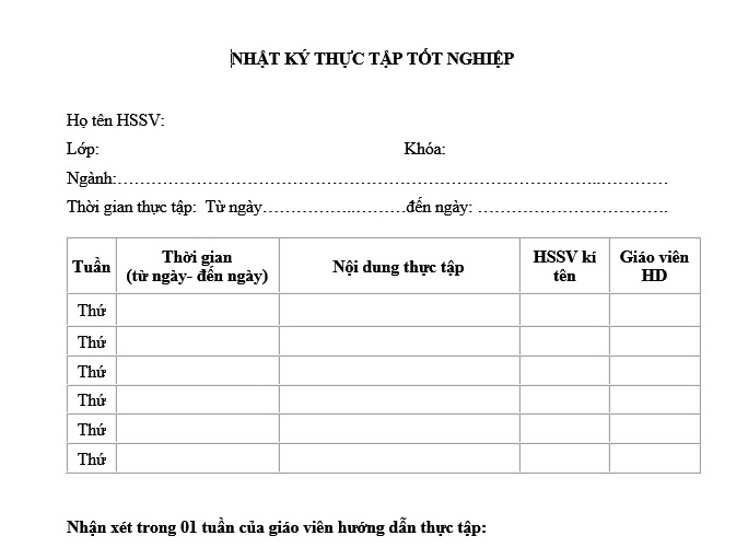 Mẫu nhật ký thực tập tham khảo